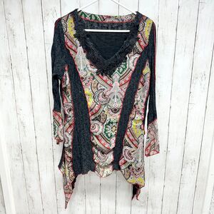 Blouse Women Sz M High Low Long Sleeve Deep B Floral Paisley Multicolor